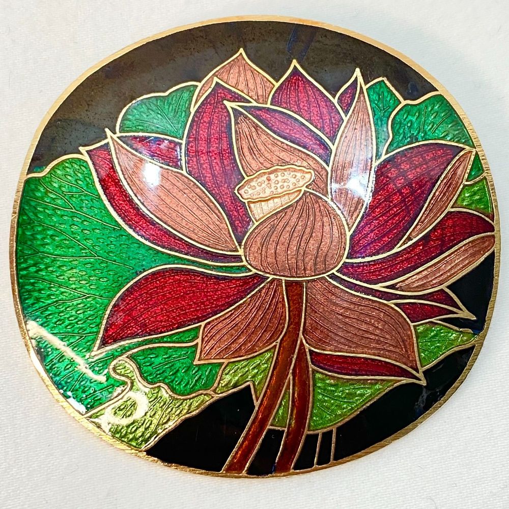 💎Vintage Cloisonne Brooch Colorful Enamel Flower Over Gold Tone Metal Taiwan